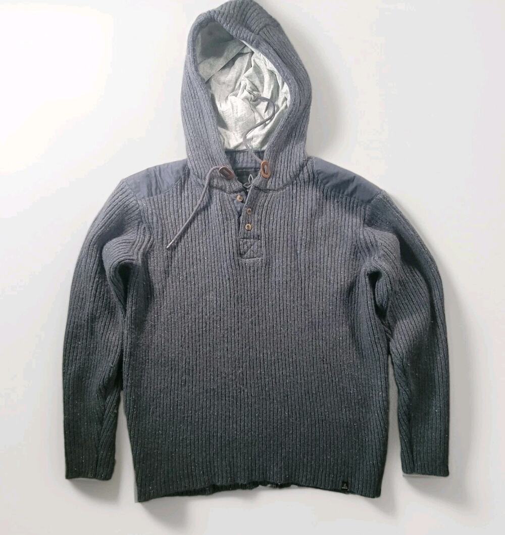 Prana Mens XXL Lambswool Blend Chunky Henley Hoodie Sweater Gray